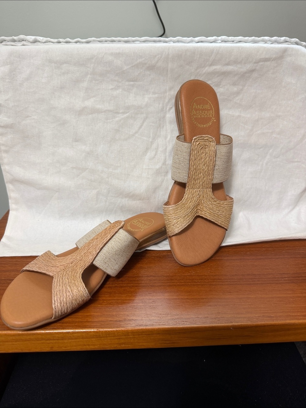 Andre Assous Neutral Tan & Beige Woven Slide Sandals